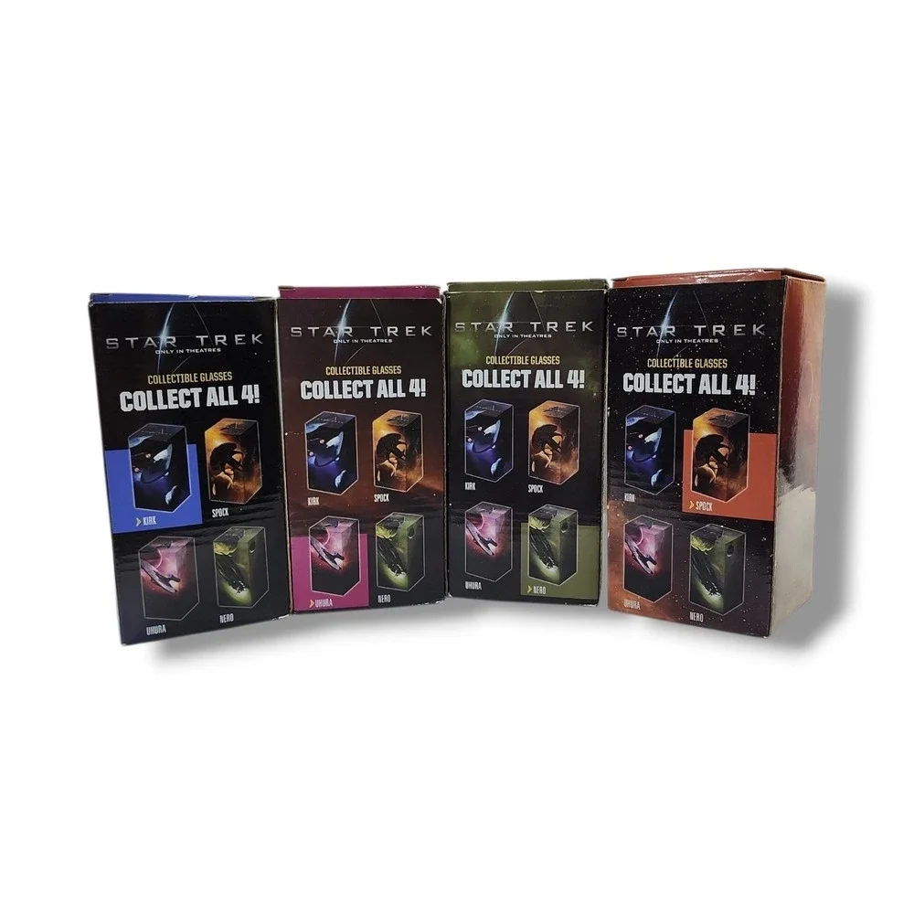 Star Trek 2008‎ Glasses Complete Set of 4 Kirk Spock Uhura Nero New With Boxes